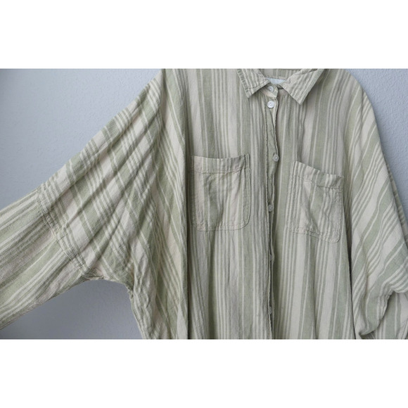 American Eagle Linen Striped Shirt XL Button Oversized Green Woven Cream - Picture 3 of 9